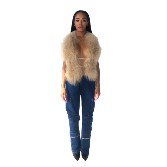 Mongolian Fur Halter Top Beige